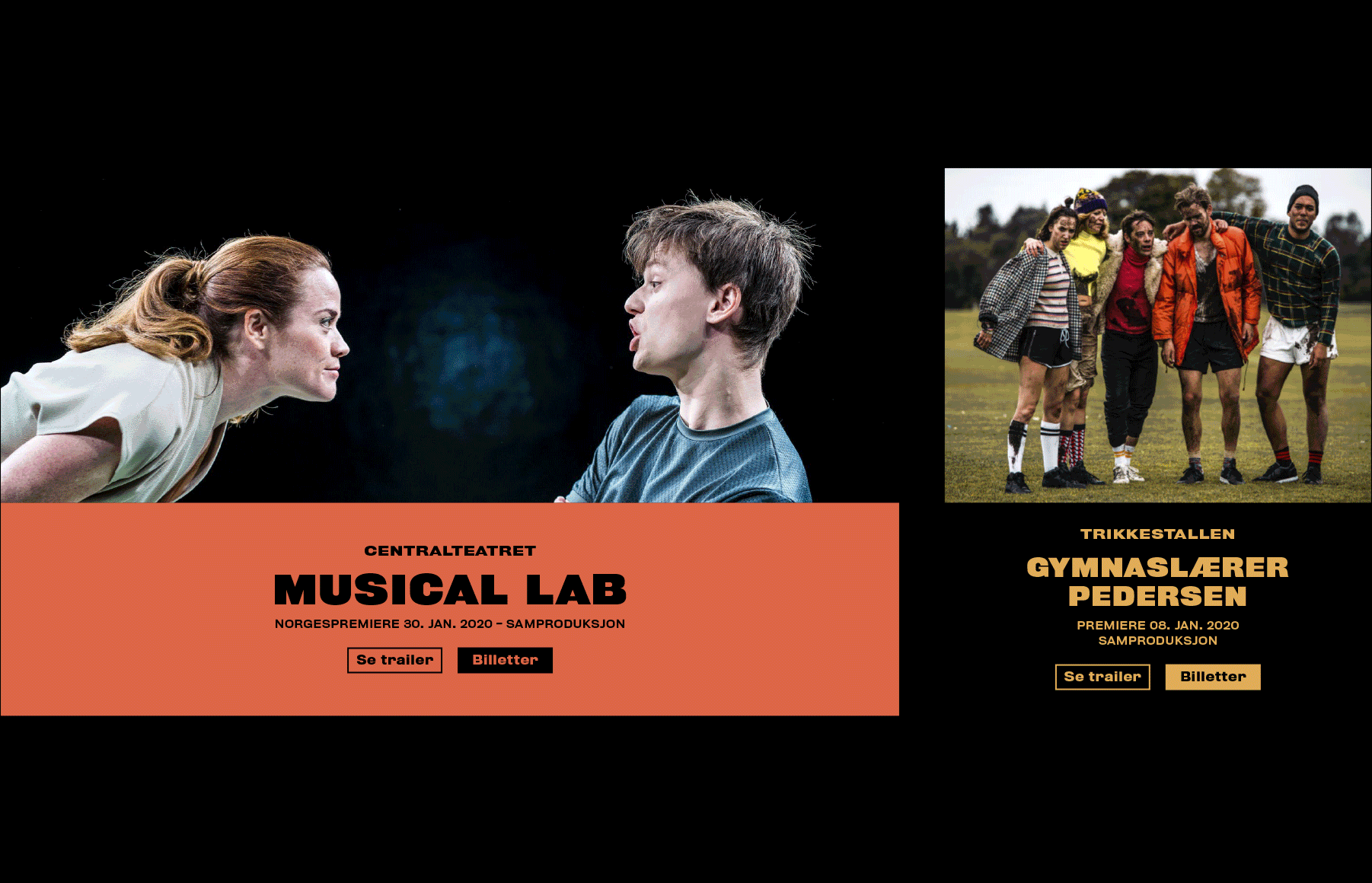 Animasjon av forestillingsmoduler på Oslo Nyes nettside, blant annet Musical Lab og Gymnaslærer Pedersen