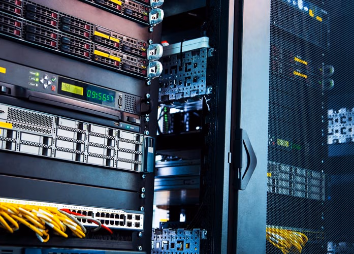 Serverskap med servere og nettverkskabler i et datasenter