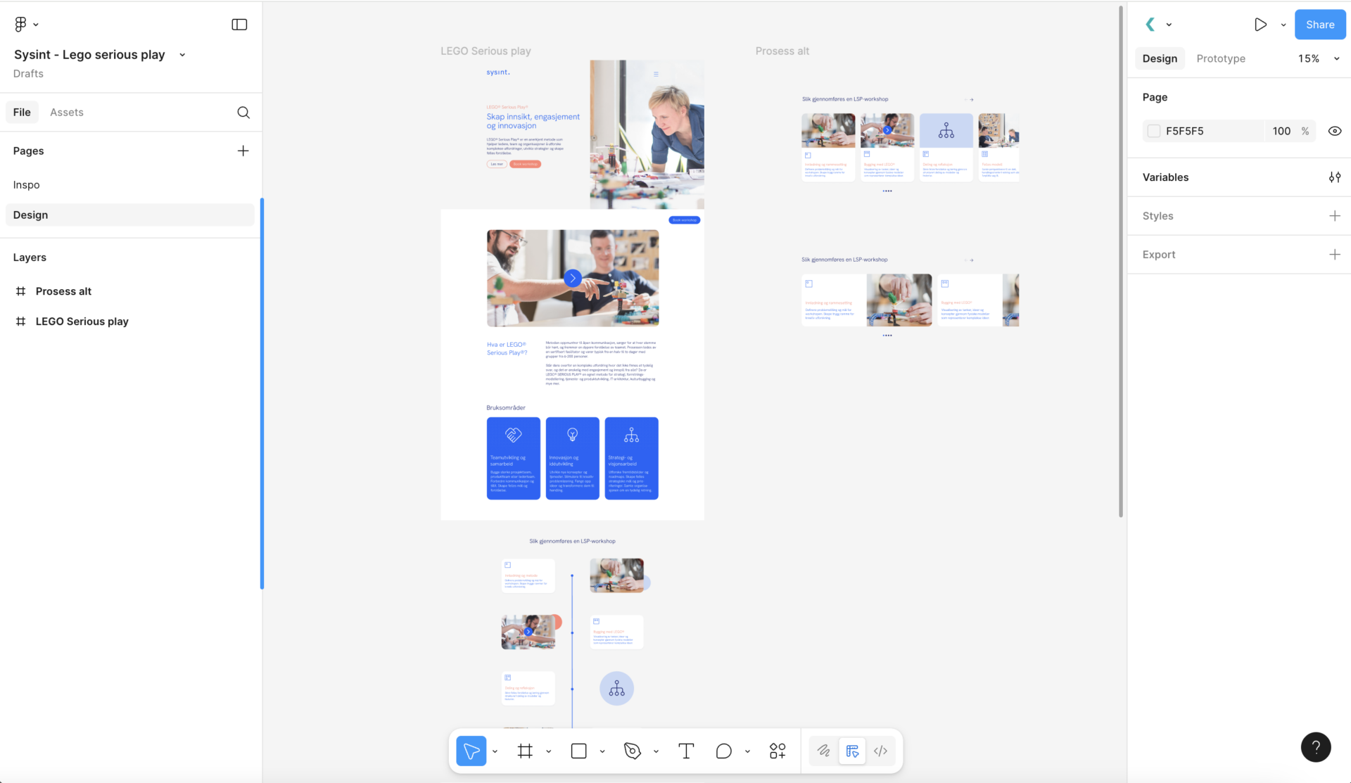 Arbeidsfil i Figma med design av en landingsside og oversikt over sider og lag i sidepanelet