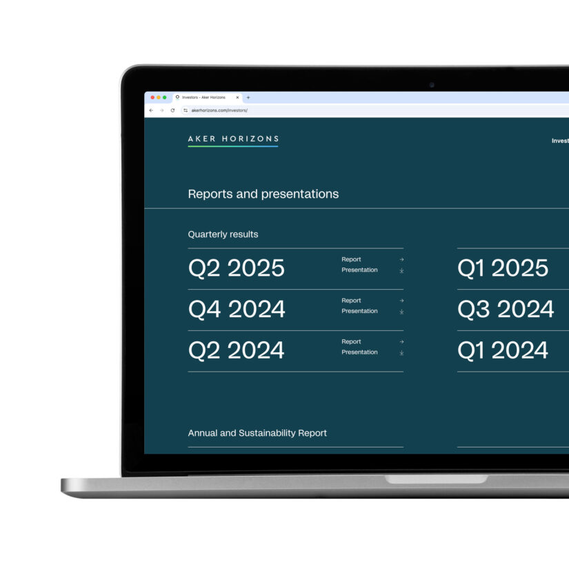 Investorsiden til Aker Horizons med kvartalsrapporter og presentasjoner, vist på en bærbar PC