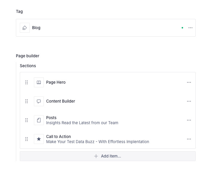 Sidebyggeren i Sanity Studio med seksjonene Page Hero, Content Builder, Posts og Call to Action