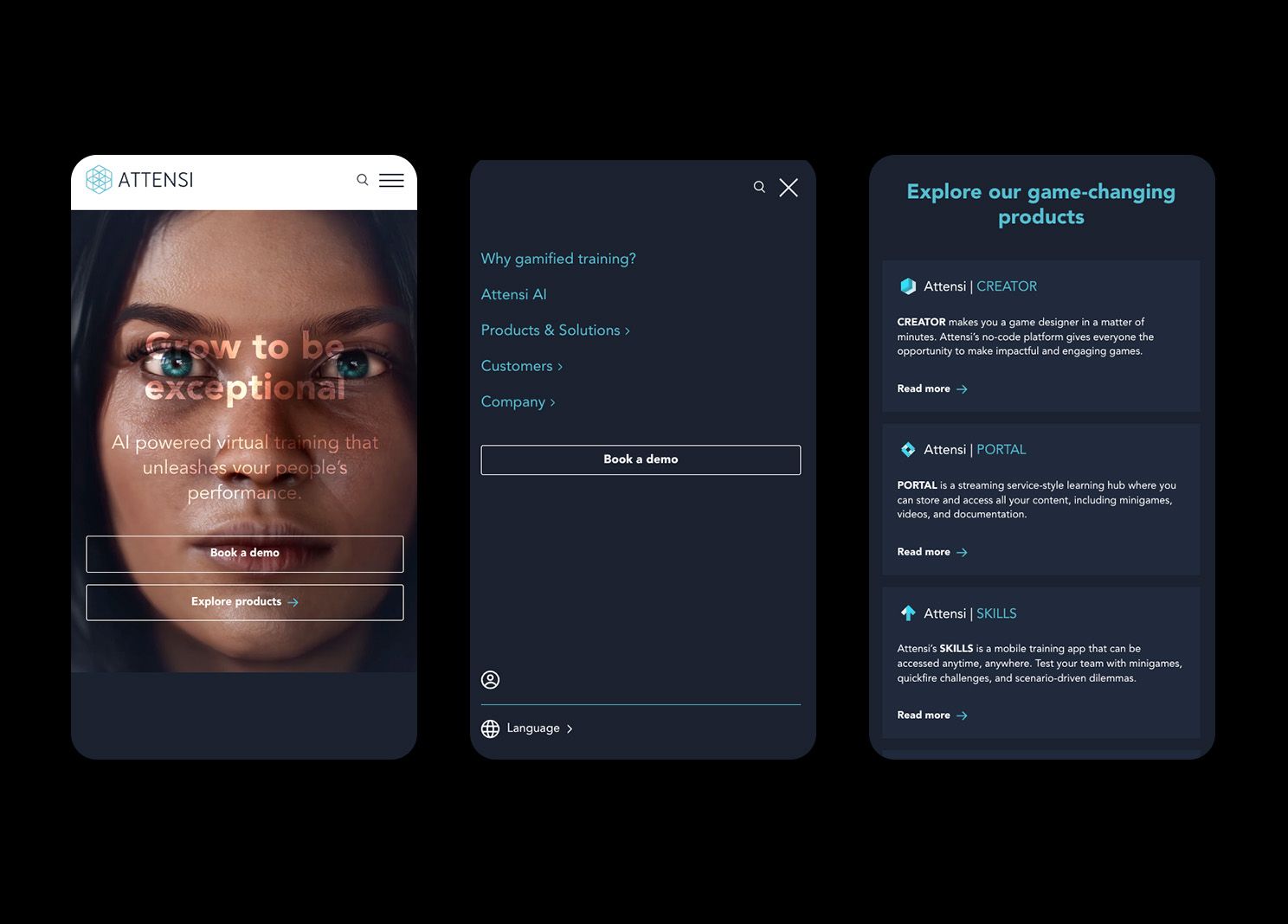 Tre mobilskjermer fra Attensis nettside: forside, meny og produktoversikt