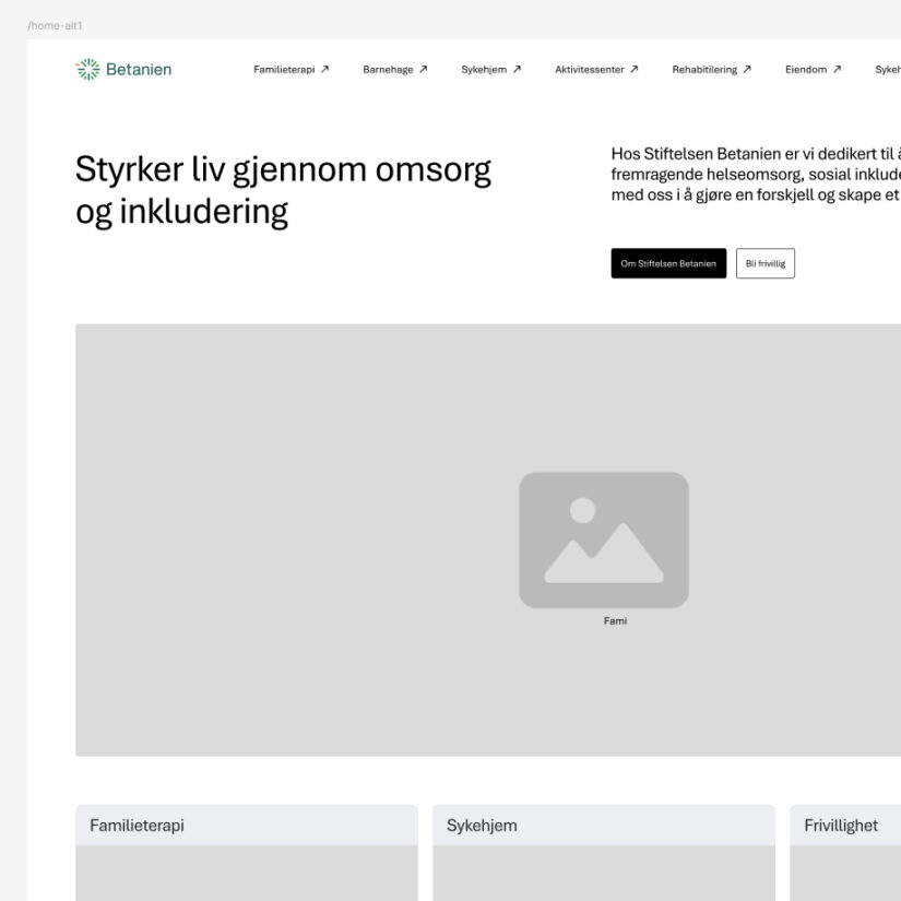 Wireframe av forsiden til Stiftelsen Betanien, med plassholdere for bilder