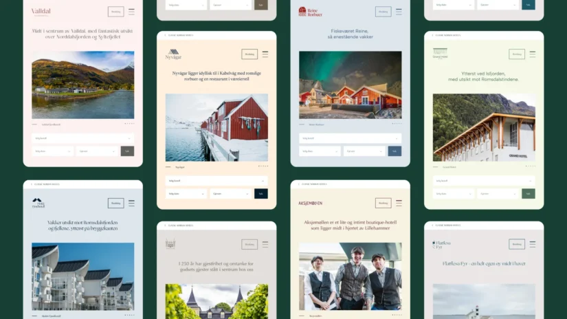 Mobilvisninger av ulike hotellsider på nettstedet til Classic Norway Hotels