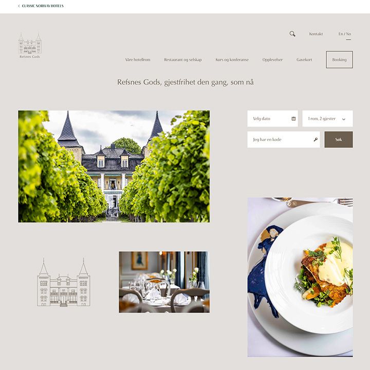Hotellsiden for Refsnes Gods hos Classic Norway Hotels, med bilder og bookingfelt