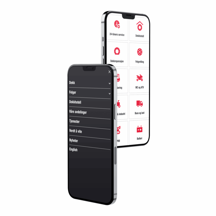 To mobiler med DekkTeams mobilmeny og oversikt over tjenester