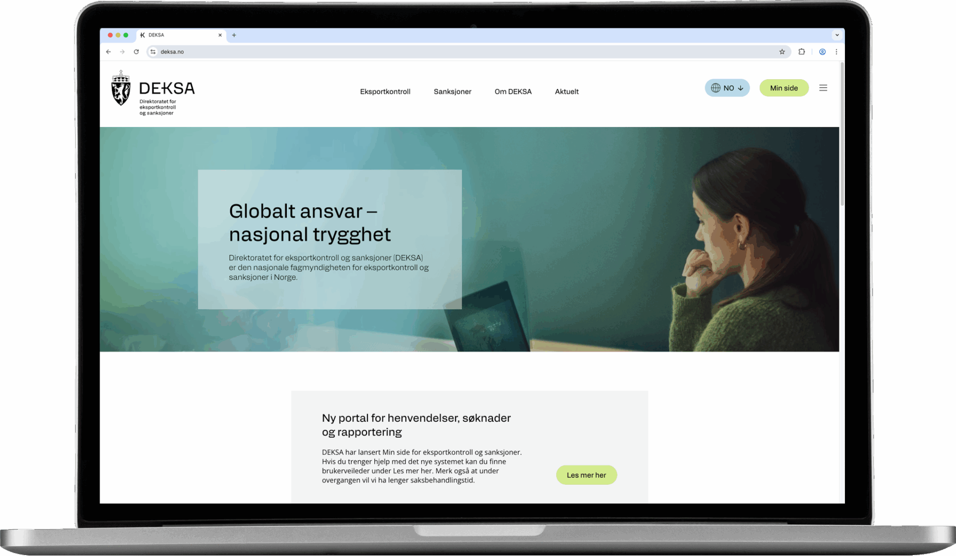 Forsiden til Deksa på en bærbar PC, med budskapet «Globalt ansvar – nasjonal trygghet»