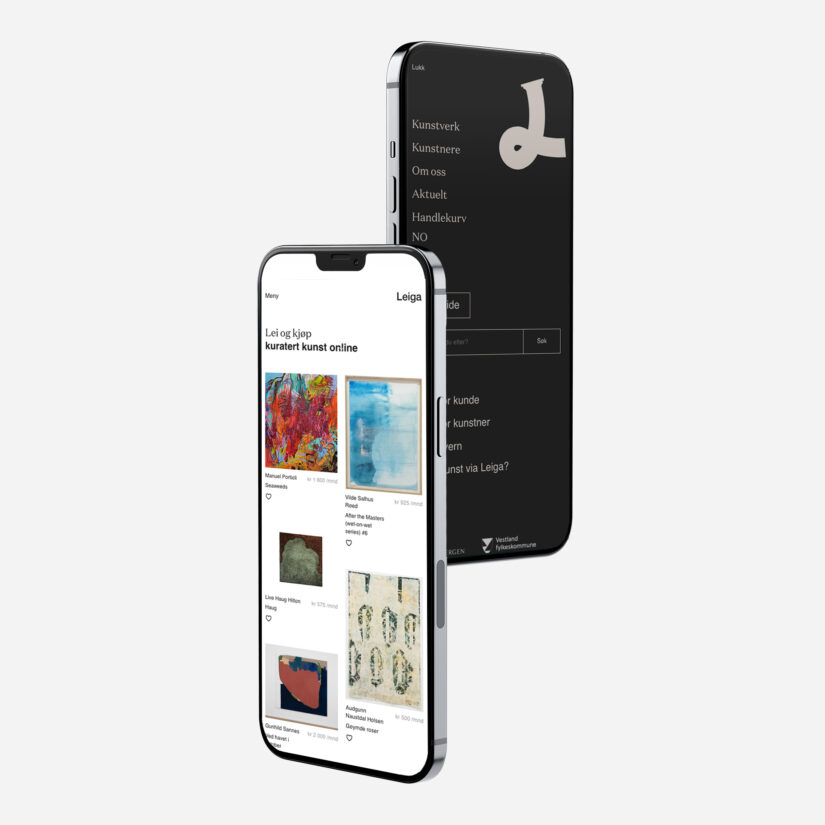 To mobiler med Leigas nettbutikk: kunstoversikt og mobilmeny