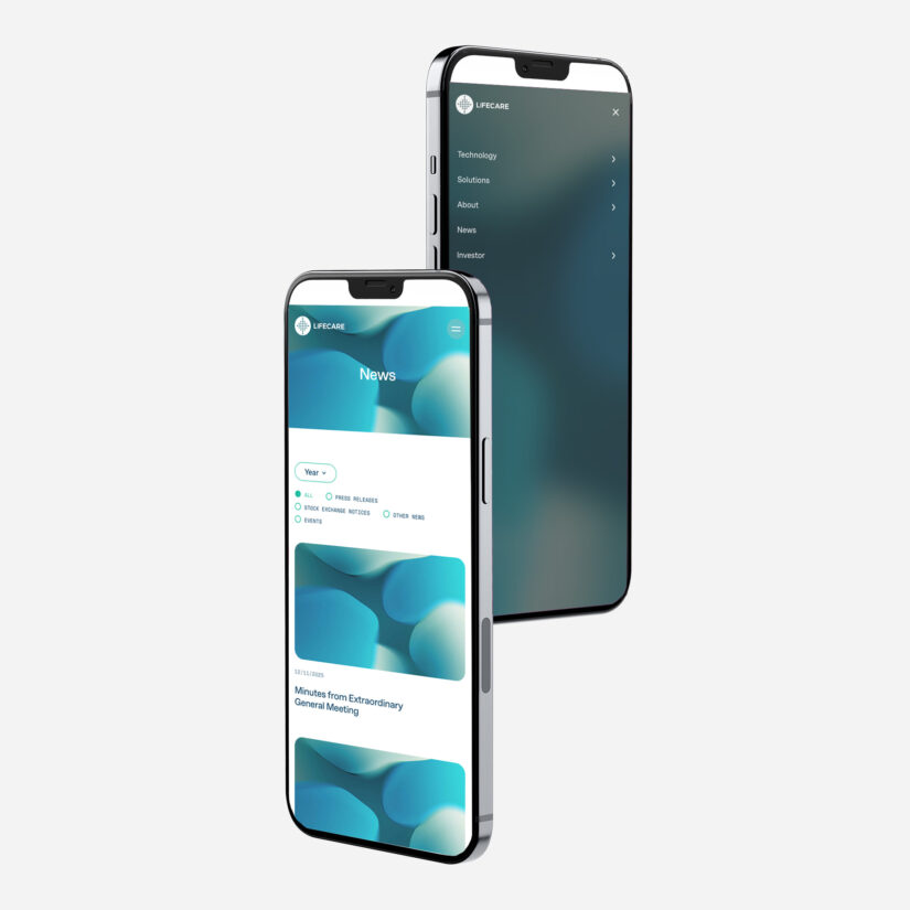 To mobiler med Lifecares mobilmeny og nyhetsside