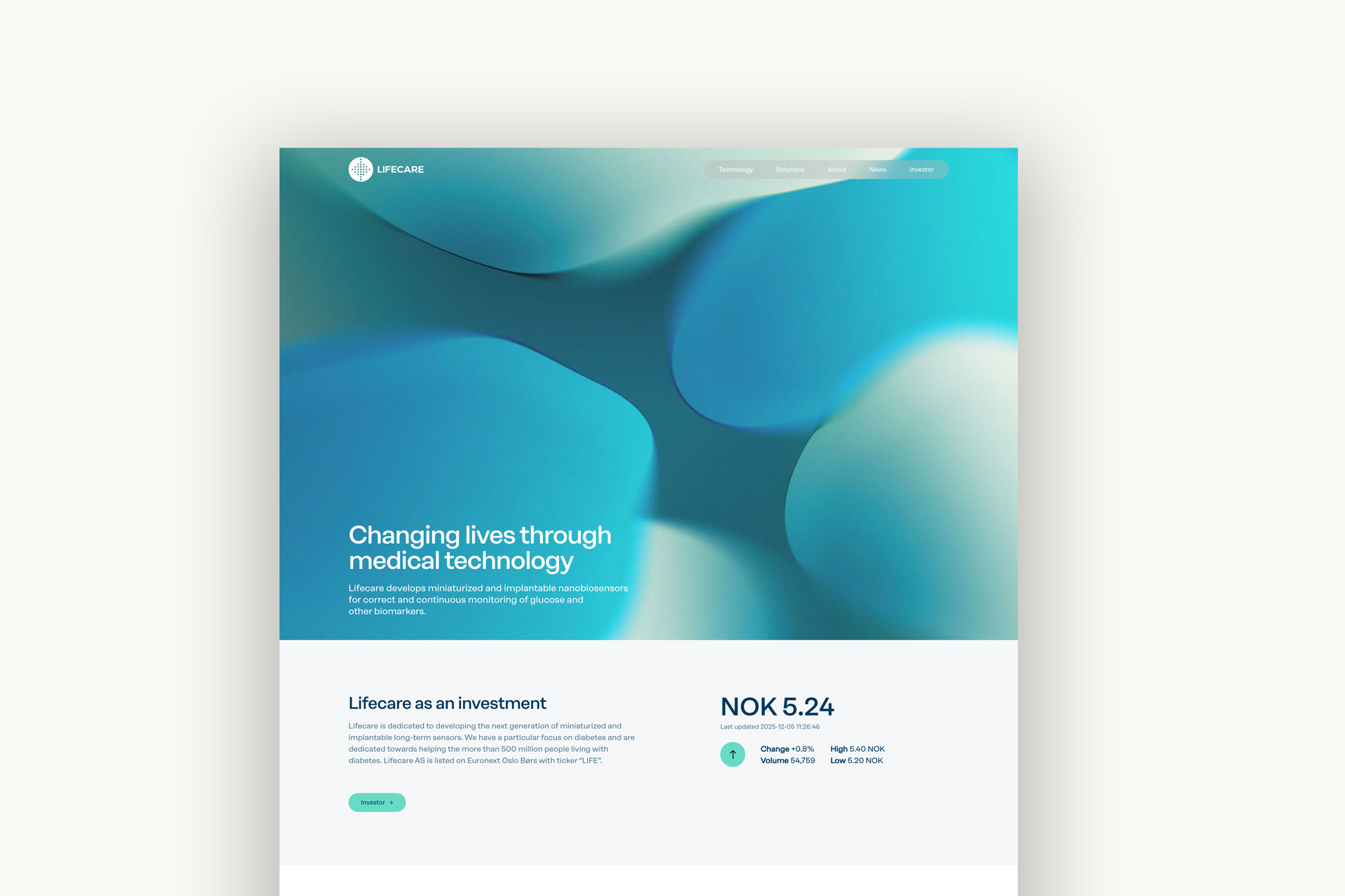 Forsiden til Lifecare med budskapet «Changing lives through medical technology» og aksjekurs