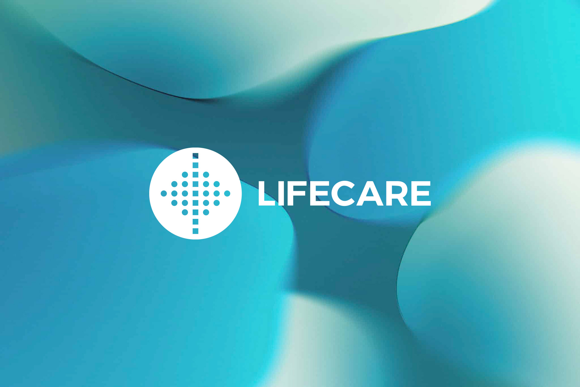 Lifecares logo på en turkis, abstrakt bakgrunn