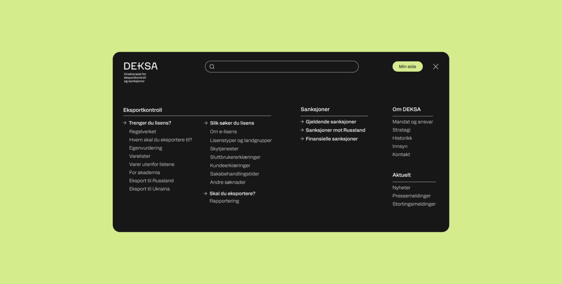 Den utvidede hovedmenyen på Deksas nettside
