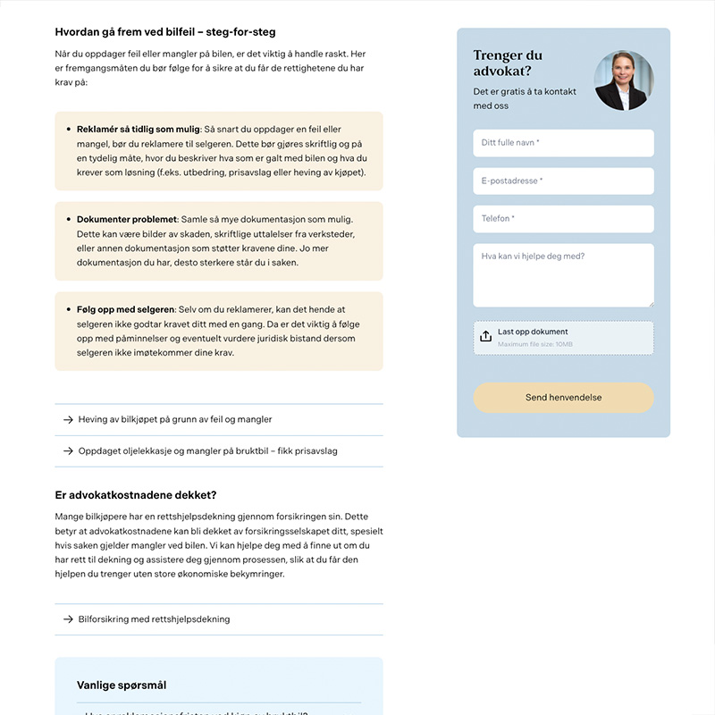 Artikkel på Osloadvokatenes nettside med kontaktskjemaet «Trenger du advokat?» i sidekolonnen