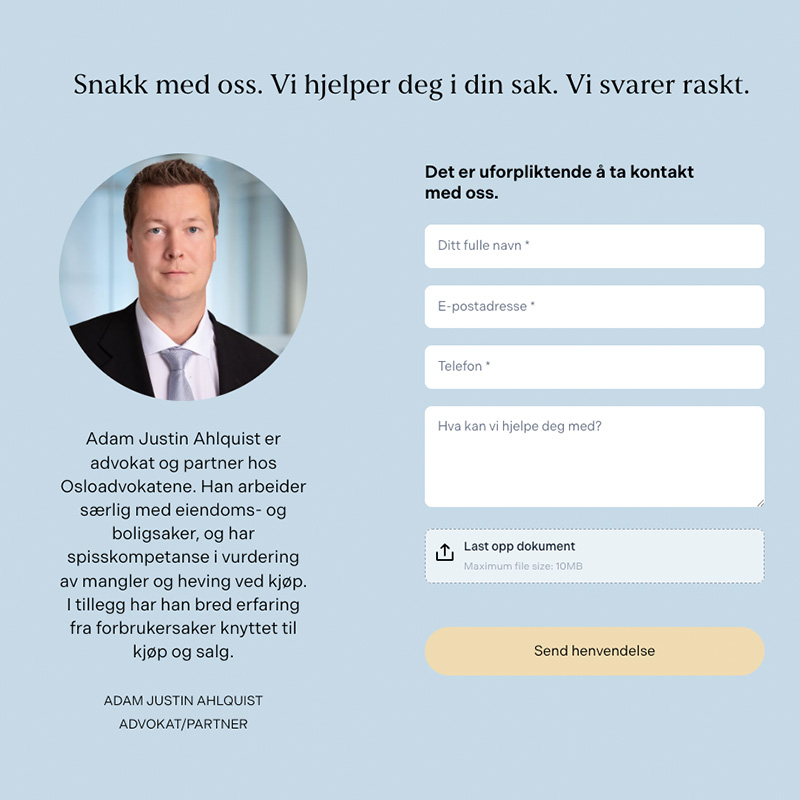 Kontaktmodul på Osloadvokatenes nettside med presentasjon av en advokat og et kort skjema