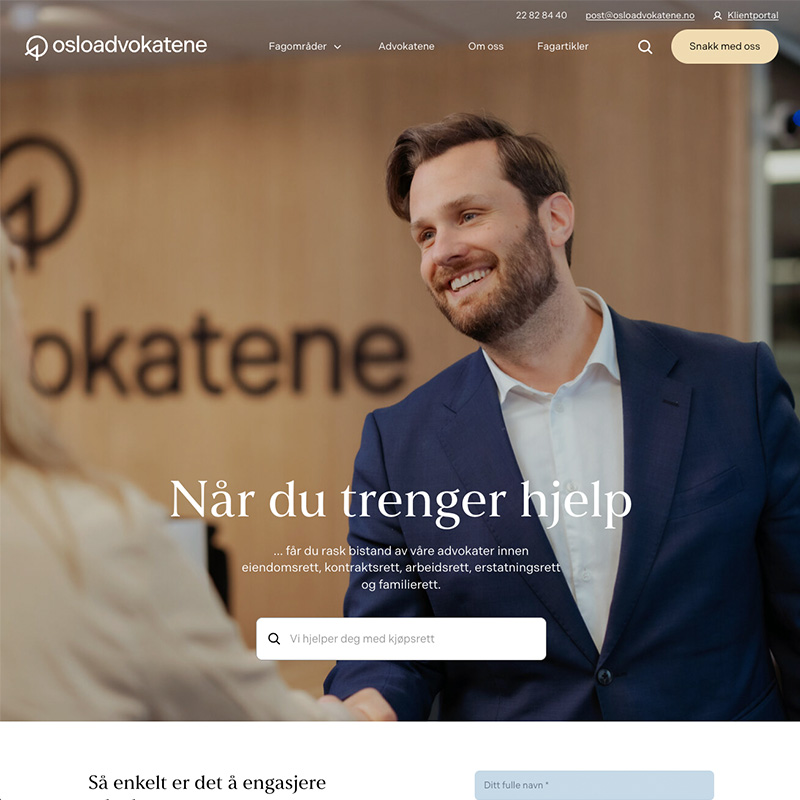 Forsiden til Osloadvokatene med overskriften «Når du trenger hjelp» og et søkefelt