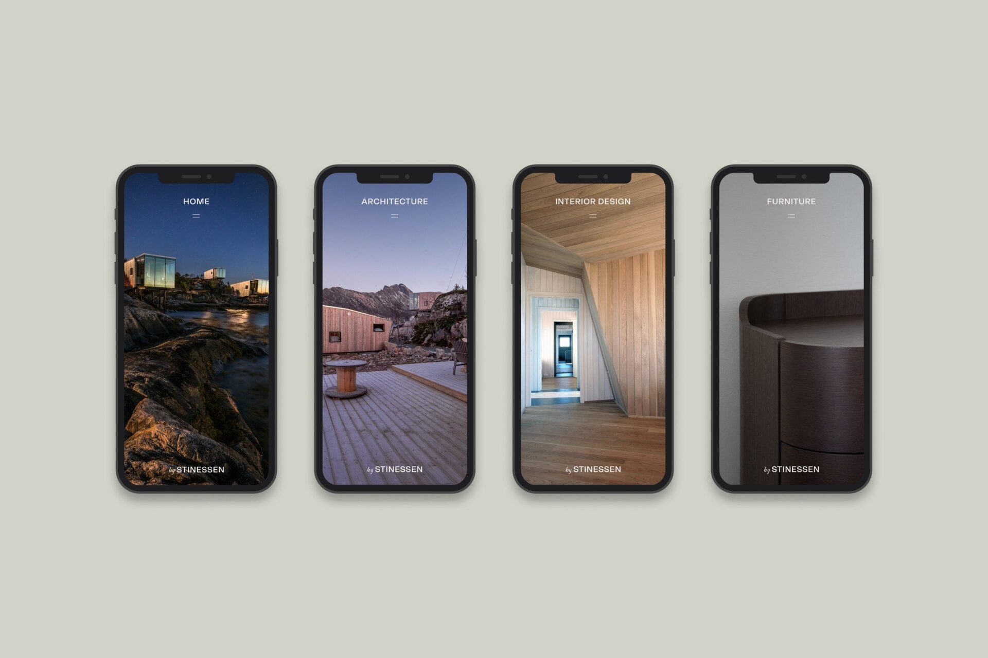 Fire mobiler som viser sidene Home, Architecture, Interior Design og Furniture hos Stinessen Arkitektur