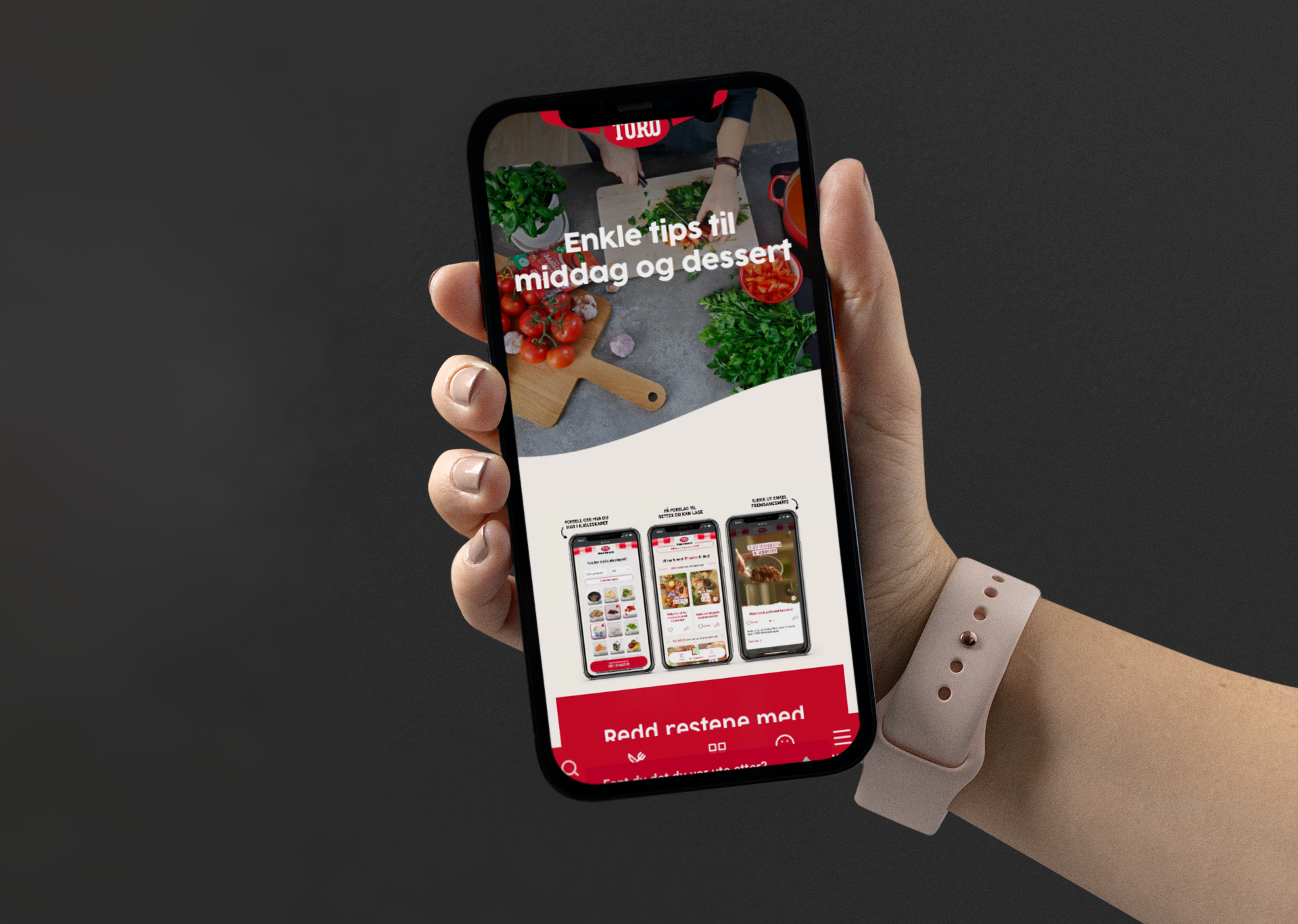 Hånd som holder en mobil med Toros nettside og overskriften «Enkle tips til middag og dessert»