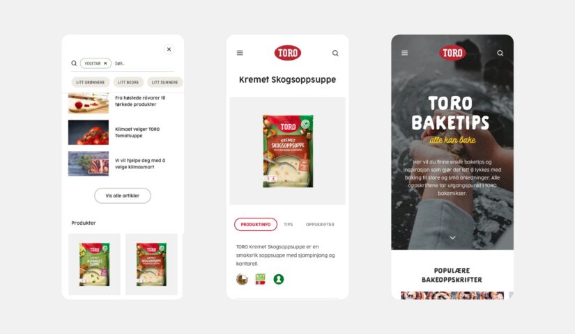 Tre mobilskjermer fra Toros nettside: søk, produktsiden for Kremet Skogsoppsuppe og Toro Baketips
