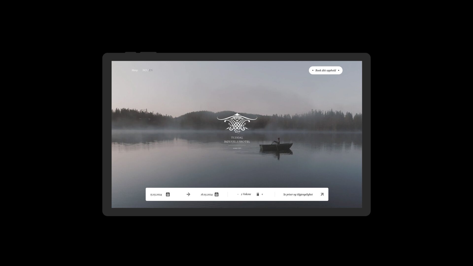 Nettsiden til Tuddal Høyfjellshotel på et nettbrett i liggende format