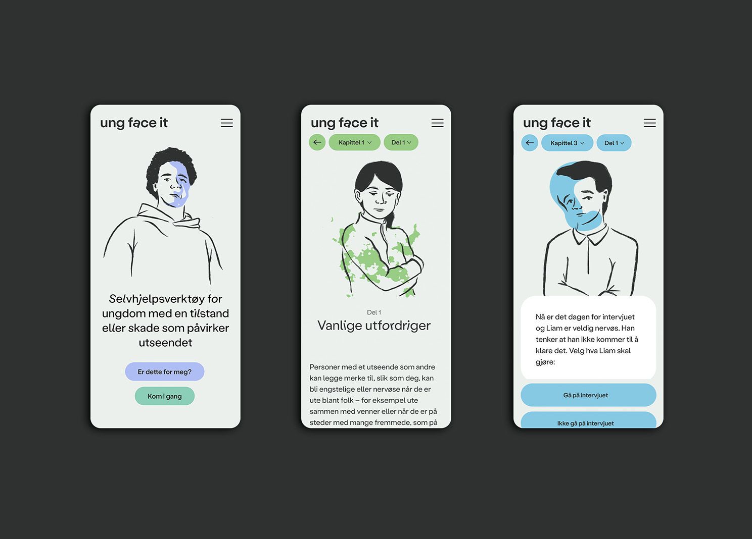 Tre mobilskjermer fra Ung Face It, et selvhjelpsverktøy for ungdom med en tilstand eller skade som påvirker utseendet
