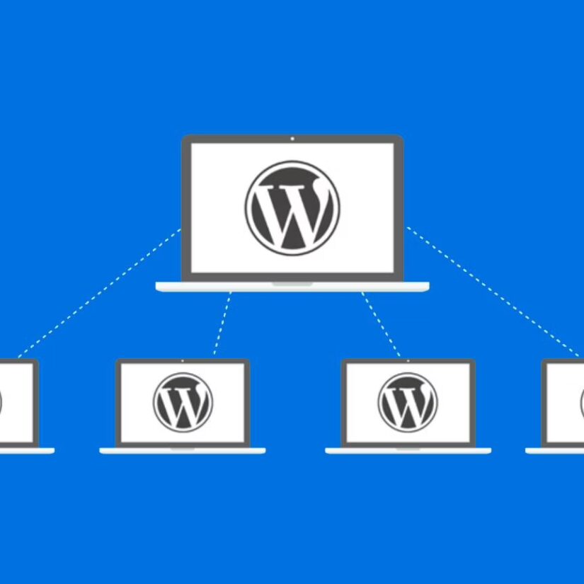 Illustrasjon av én sentral WordPress-installasjon koblet til flere nettsteder, slik WordPress Multisite fungerer