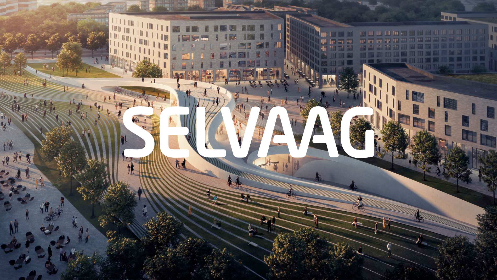Selvaags logo over en illustrasjon av et byområde med boligblokker, park og folkeliv
