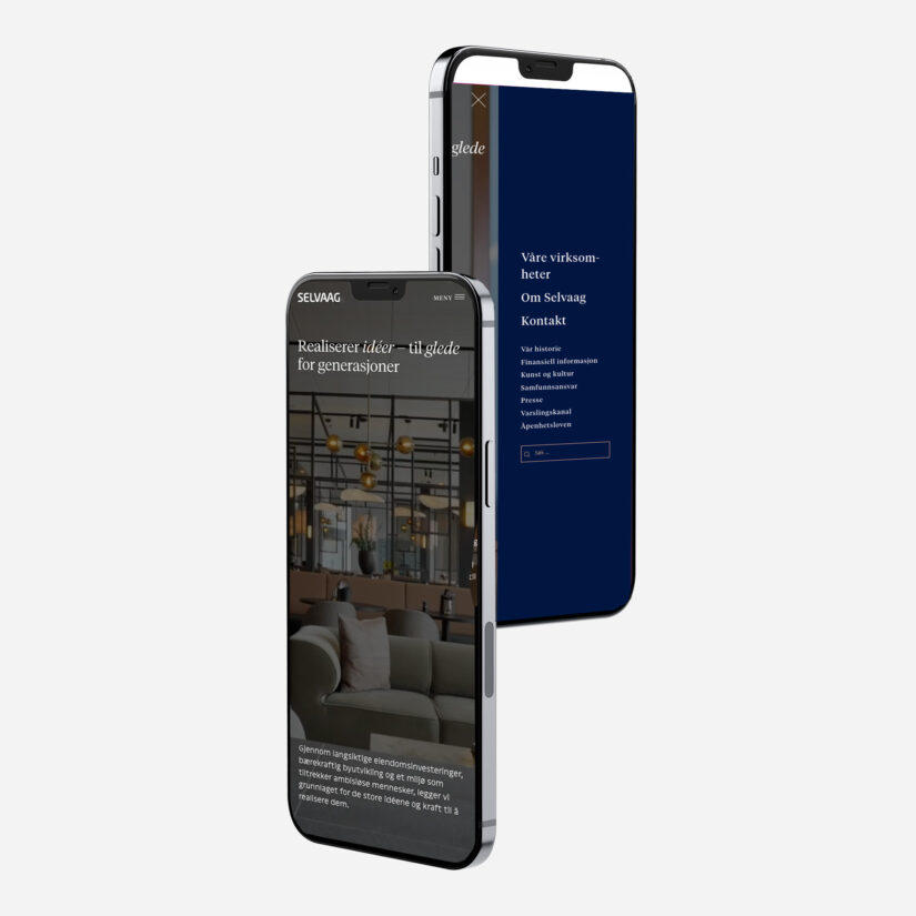 Illustrasjonsbilde av 2 mobiler som viser nettsiden til Selvaag og mobilmeny