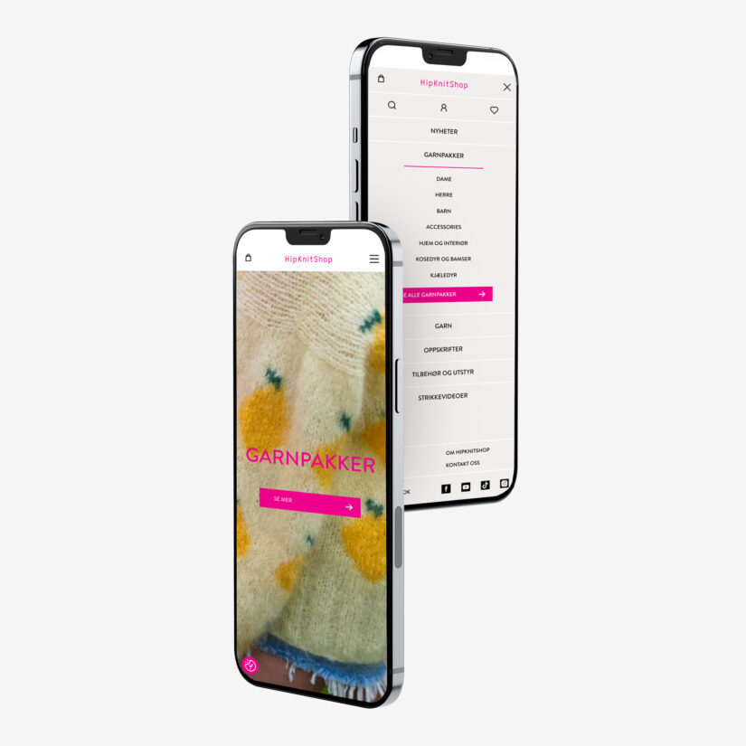 To mobiler med Hipknitshops nettbutikk: garnpakker på forsiden og den åpne menyen