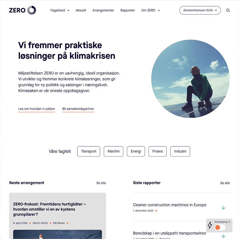 Nettsiden til Miljøstiftelsen ZERO med lys bakgrunn og strømsparing slått av